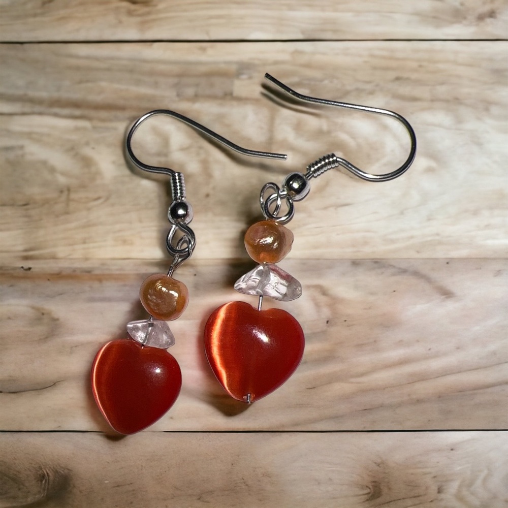 🍊 Cats Eye Heart Crystal Quartz Spacer Peach Pear Button Drop Dangle Earrings